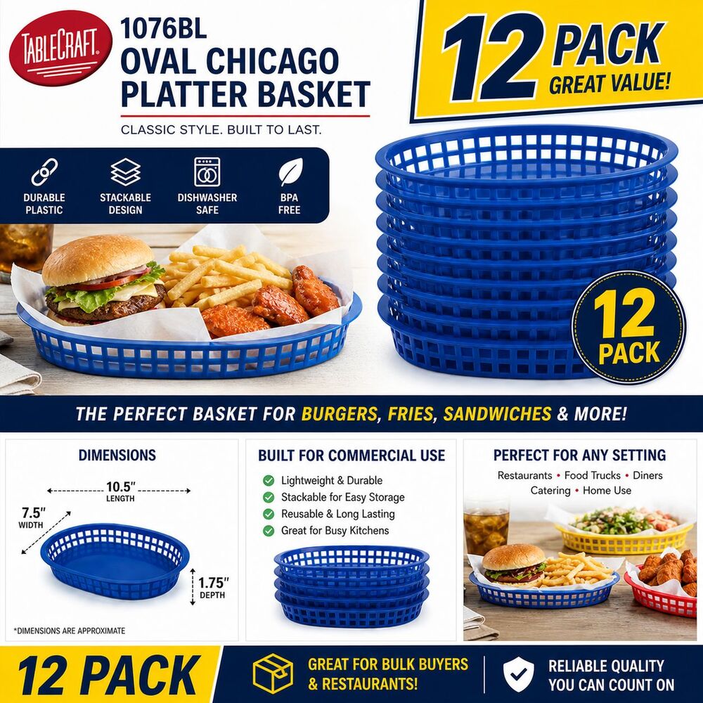 12pk Tablecraft 1076BL Blue Oval Chicago Platter Basket